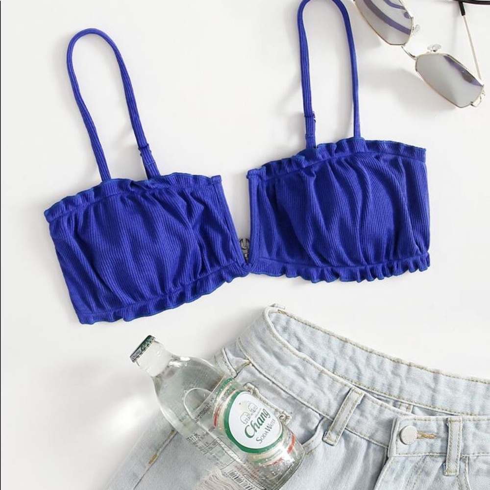 NWT SHEIN Blue Rib V Wired Frill Bikini Top